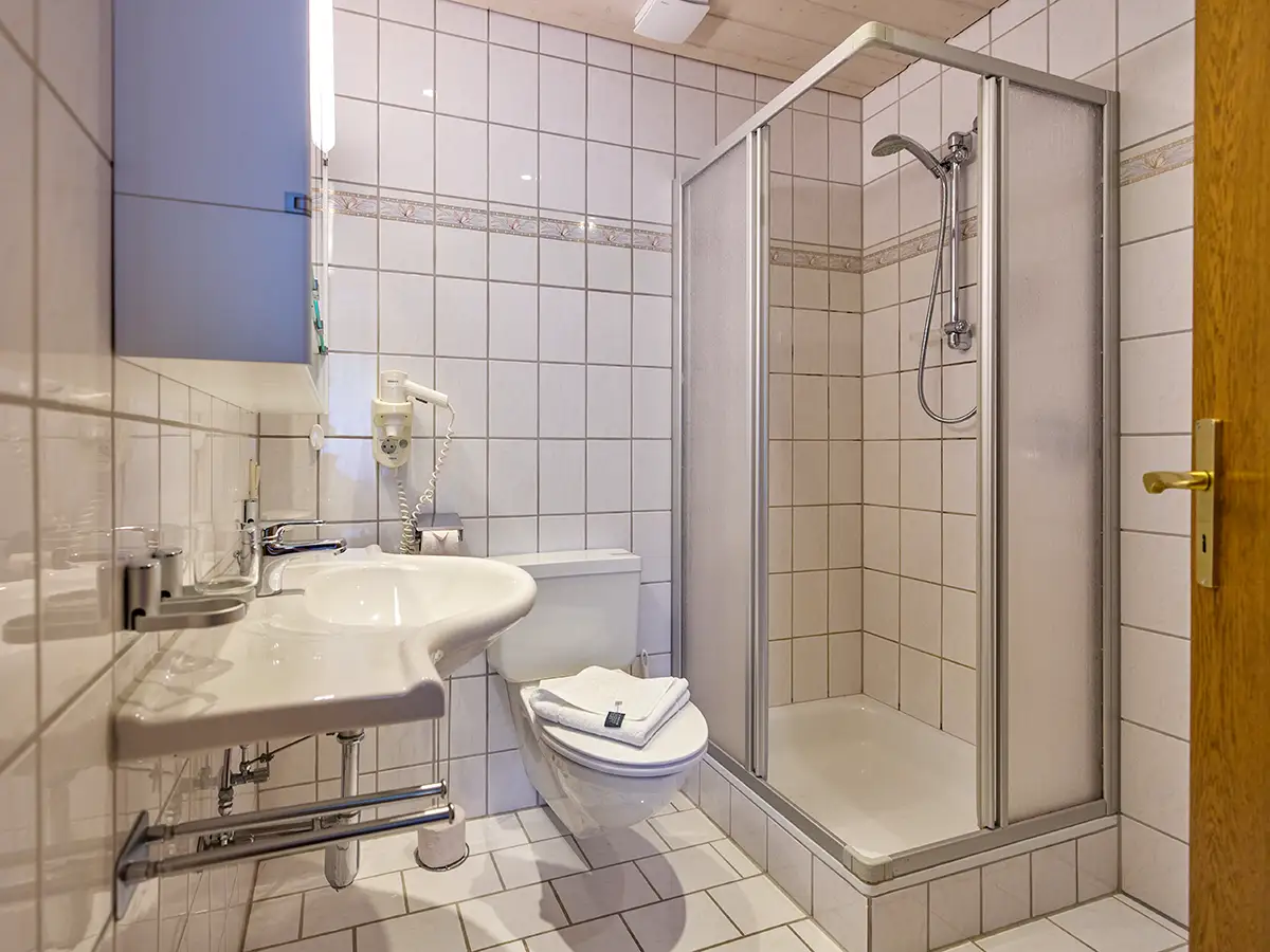 Gepflegtes Badezimmer mit Dusche, WC und Waschbecken im Apartment HOME im Chalet H